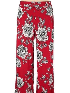 IMAN Red Wide-Leg Floral Pants with White Rose Print